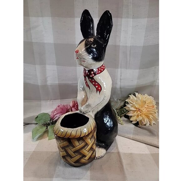 Paper Mache Painted Easter Bunny Dutch Rabbit Basket Candy Holder Vintage 17" - Picture 7 of 12